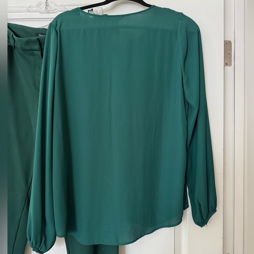 White House Black Market | Dark Green Tie Blouse - Picture 3 of 13